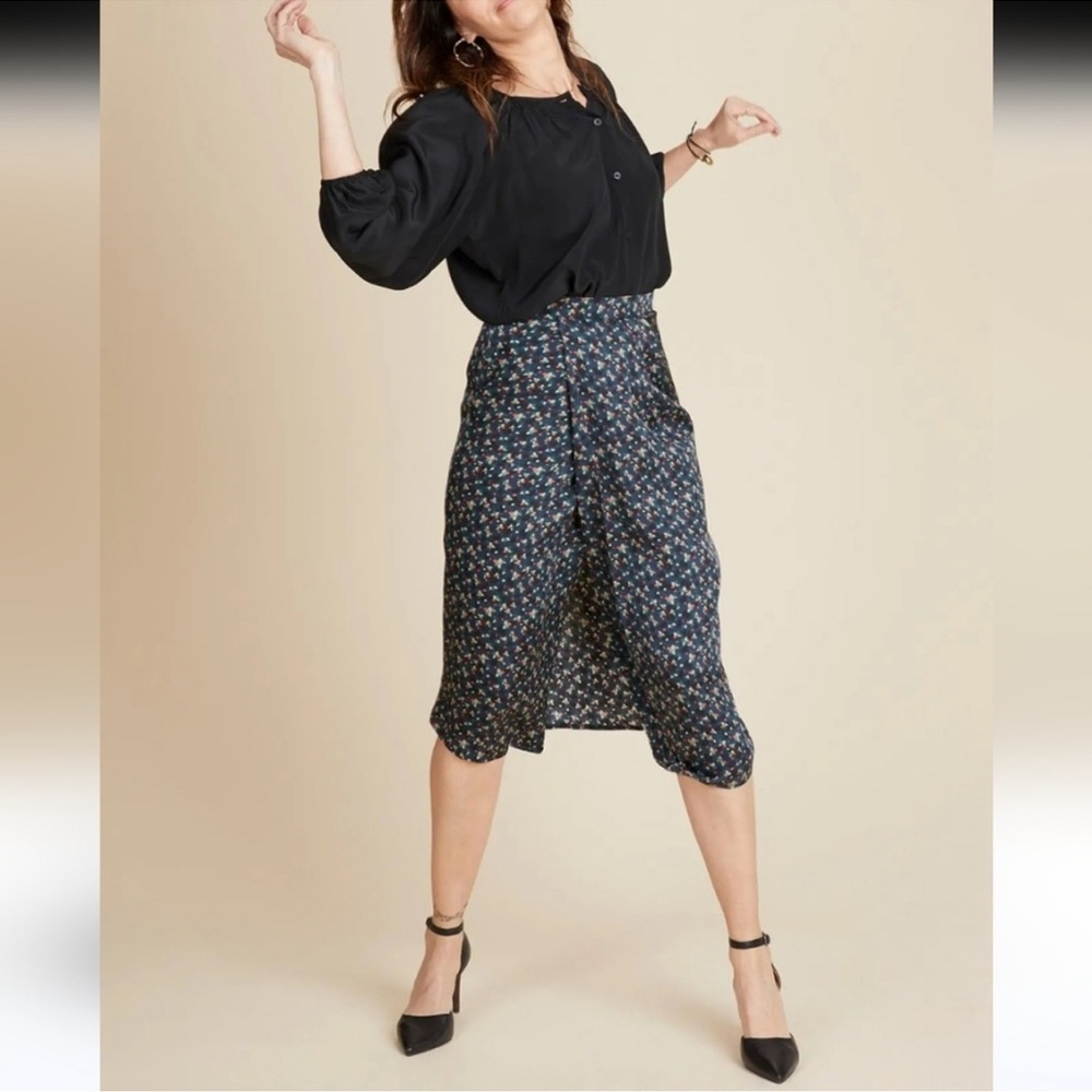 Tucker Silk Navy Floral Print Faux Wrap Midi Skirt